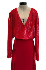 Stunning Fall 1998-99 Giorgio Armani Red Beaded & Sequin Long Skirt & Wrap Top Dress Set