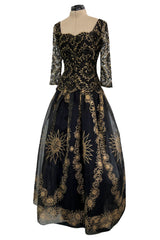 Fall 1995 Zandra Rhodes 'The Fairy Collection' Hand Painted Metallic Gold Lace & Silk Dress