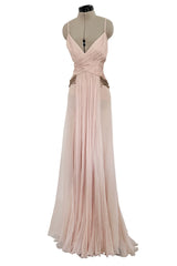 c 2007 Roberto Cavalli Pale Ballet Pink Pleated Silk Jersey Dress w Front Plunge & Rhinestones