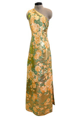 Incredible Spring 1993 Yves Saint Laurent One Shoulder Gold Floral & Peach Dress