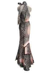Spring 2004 Roberto Cavalli Bias Cut Silk Brown and Pink Printed Halter Top w Tie & Skirt Set