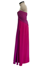 Spring 1985 Yves Saint Laurent Haute Couture Pink Silk Dress w Purple Bodice & Long Front Panel Detail