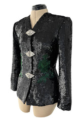 Fall 1980 John Anthony Couture Black Hand Sequin & Beaded Jacket w Incredible Rhinestone Closures