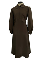 Elegant 1970s Madame Gres Haute Couture Chocolate Brown Day Dress w Full Sleeves & Collar