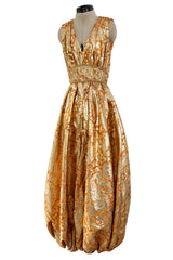 Incredible 1960s Unlabeled Gold Metallic Brocade Pouf Leg Jumpsuit w Gold Cord & Bead Detailing