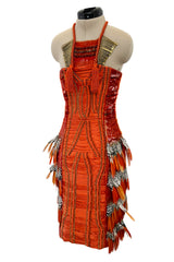 Iconic Spring 2011 Gucci by Frida Giannini Runway Look 41 Burnt Orange Silk Cord, Brass & Feather Dress