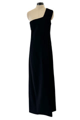 Minimalist Early 1960s James Galanos Couture Larger One Shoulder Black Crepe Long Column Dress