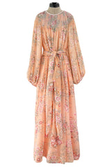 Incredible 1970s Hanae Mori Floral & Butterfly Peach Silk Chiffon Dress w Balloon Sleeves & Beading