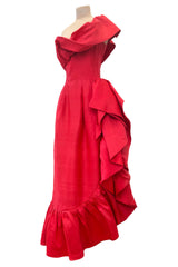 Prettiest 1970s Loris Azzaro Red Silk Gazaar One Shoulder Dress w Ruffled Detailing & Side Bow