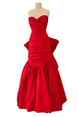 Late 1980s Bellville Sassoon Strapless Red Silk Dress w Full Skirt & Black Glitter Tulle Underskirt & Bow