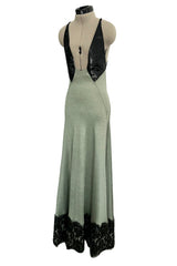 Incredible 1990s Geoffrey Beene Couture Dusty Green Jersey Plunge Dress w Sequins