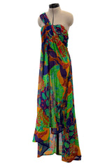 Prettiest Spring 1991 Yves Saint Laurent Runway Printed One Shoulder Easy to Wear Dress