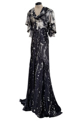 Outstanding Fall 2010 Alexander McQueen Gray Scale Print Silk Dress w Caped Sleeves & Trained Skirt
