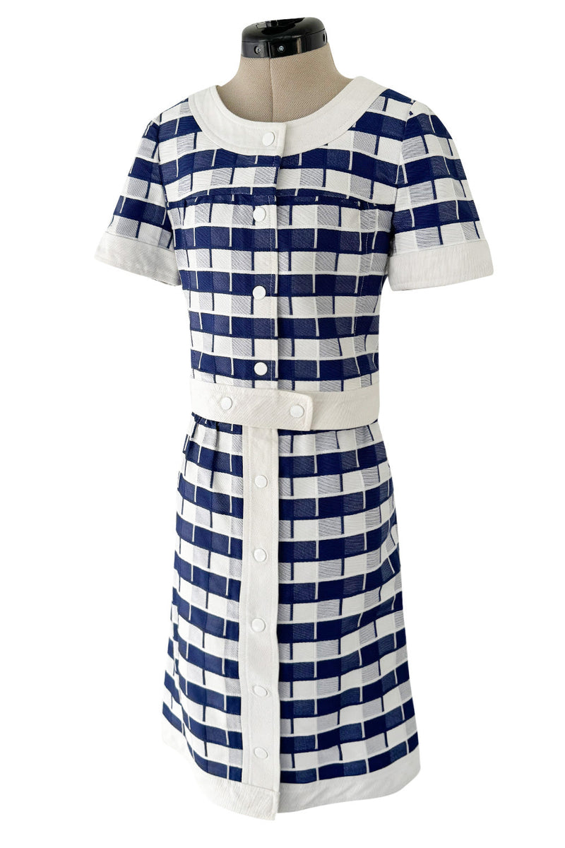 Cutest 1970s Andre Courreges Paris Numbered Hyperbole Blue & White Check Skirt & Jacket Suit Set