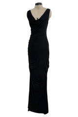 Minimlist Fall 2001 Gucci by Tom Ford Black Stretch Jersey Dress w Draped Neckline & Gathered Sides