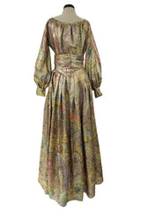 Gorgeous 1960s Unlabeled Gold Lurex Metallic Dress w Floral Print & Full Sleeves