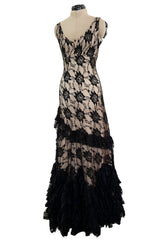Gorgeous 2010s John Galliano Spanish Influnced Tiered & Ruffled Black Lace Bias Cut Dress