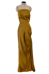 Stunning 1968 Mr Blackwell Custom Deep Copper Gold Silk Dress w Hip Swag & Flower Pin