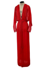 Iconic Resort 1980 Runway Fully Hand Beaded on Red Silk Chiffon Halston w Plunge Front