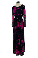 Gorgeous 1970s James Galanos Demi-Couture Silk Chiffon Dress w Vivid Pink Flower Print