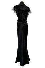 Iconic Fall 2005 John Galliano Black Silk Bias Cut Dress w Plunge Front & Lace Trimmed Cap Sleeves