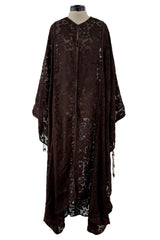 Rare 1960s Thea Porter Couture Brown Silk Open Caftan w Belt & Gold Tassles