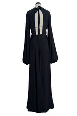 1971 Ossie Clark Couture "Come Fly With Me" Black Moss Crepe Open Back Wrap Dress w Huge Sleeves