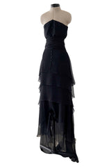 1980s Chanel by Karl Lagerfeld Strapless Black Tiered Silk Chiffon Dress