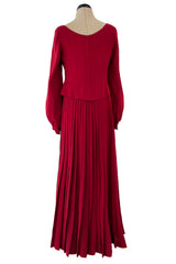 Minimalist 1970s Pierre Balmain Numbered Haute Couture Rich Red Silk Dress w Knife Pleat Detailing