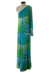 Phenomenal c.1972 La Mendola Hand Beaded Green Printed Caped One Shoulder Silk Jumpsuit