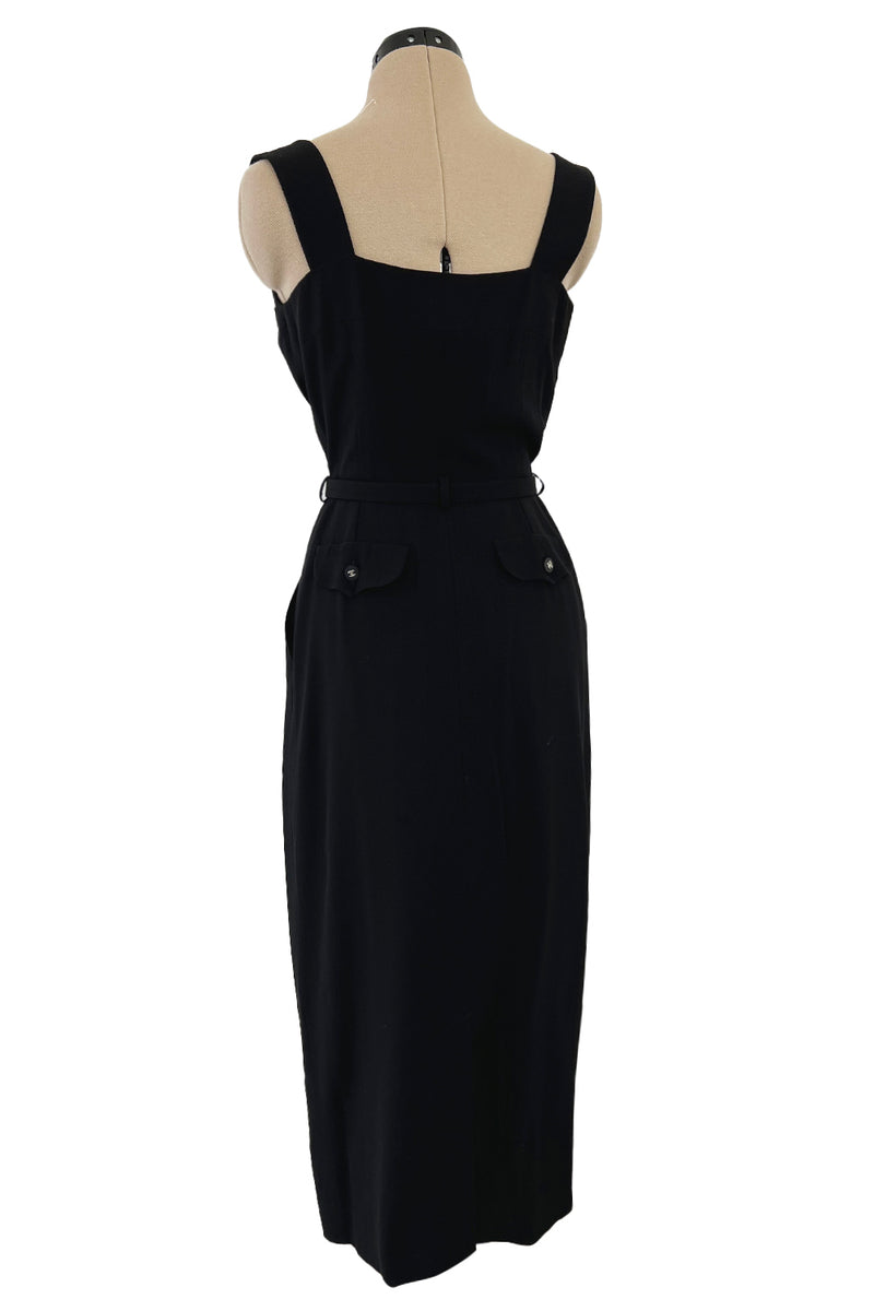 Striking Spring 1996 Chanel by Karl Lagerfeld Black Fitted Dress w Pockets Chanel Buttons & Belt