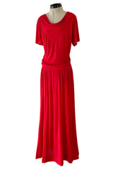 Minimalist Spring 1977 Christian Dior by Marc Bohan Haute Couture Red Silk Jersey Dress w Button Back