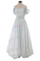 Dreamy Luisa Beccaria Pale Turquoise Net Off Shoulder Dress w Pink & Gold Embroidery