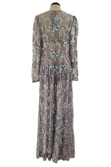 Prettiest 1970s Unlabeled Pale Grey Lace & Blue Grey Glossy Sequin Drop Waist Dress