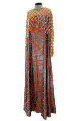 Ultra Rare 1990s Paco Rabanne Haute Couture Metallic Silver & Coral Dress w Chainlink Top & Headpiece