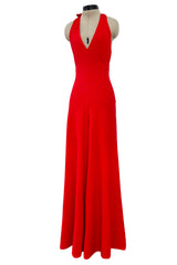 Amazing 1970s Halston Red Jersey Halter Neck Jumpsuit w Open Bare Back & Ultra Wide Legs