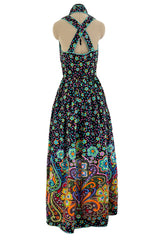 Prettiest Early 1970s Oscar de la Renta Floral Printed Halter Dress w Frog Knots & Open Back