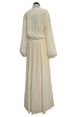 1970s Lanvin by Jules-Francois Crahay Couture Ivory Silk Chiffon & Floral Silk Ribbon Dress