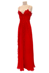 Magical 1990s Bill Blass Perfectly Minimalist Bias Cut Red Silk Chiffon Dress w Tiny Ruffle Detailing