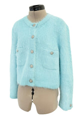 Fall 2019 Chanel by Karl Lagerfeld Pastel Baby Blue Knit Jacket w Handmade Snowflake Buttons