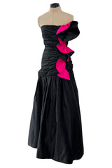 Fall 1982 Arnold Scaasi Couture Runway Black Silk Strapless Dress w Pink Ruffle
