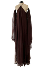 Extraordinary 1970s Yuki Brown Chiffon Caftan Dress w Open Shoulders & Incredible Sleeves