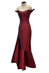 Phenomenal Fall 2000 John Galliano Deep Oxblood Silk Taffeta Corset Dress w Sweeping Skirt Panel