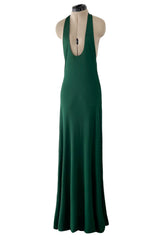 Sexiest 1974 Halston Couture Deep Green Silk Jersey Backless Dress w Front Plunge & Long Ties