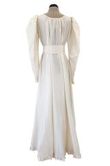 Amazing 1970s Yves Saint Laurent Silk Ivory Full Tent Dress w Belt, Ruffled Edges & Full Sleeves