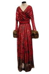 Incredible Fall 1979 Bill Blass Couture Red Silk Chiffon Dress w Gold Sequins & Mink Cuffs