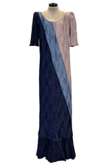 1980s Mary McFadden Couture Blue & Deep Dusky Pink Pleated Dress w Extra Long Braided Belt