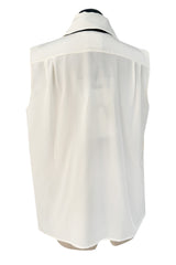 Spring 2015 Chanel by Karl Lagerfeld Runway White Crepe de Chine Pleated Blouse W Handmade Camellia Buttons