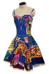 Iconic Spring 1992 Versace by Gianni Versace Jeans Couture Floral Print Full Skirt Halter Mini Dress
