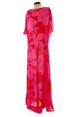 Dreamiest 1990s Yves Saint Laurent Oversized Floral Print Pink & Red Silk Chiffon Caftan Dress